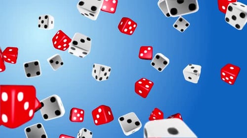Gráfico em câmera lenta do Falling Casino com dados vermelhos e brancos.