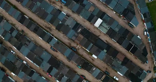 Aerial view to old garage cooperative - car storage community, parking