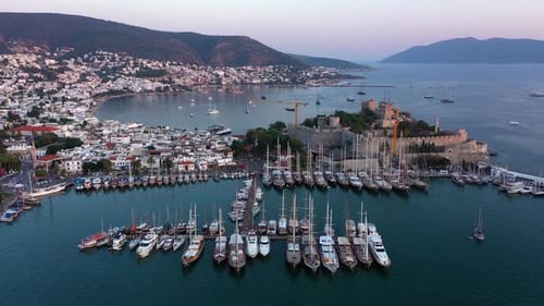Agean Sea Landscape with Ancient Fortress and Sailing Boats in Turkey