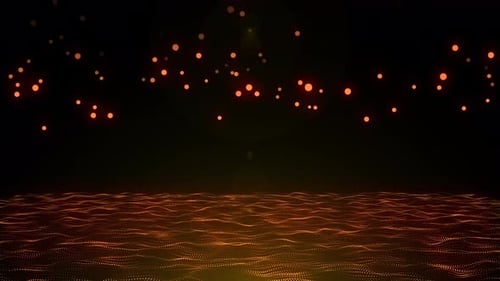 Abstract Digital Particle Field With Flowing Waves And Rising Orange Lights