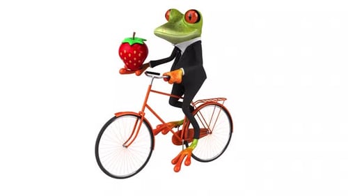 Animated Frog in Suit Riding Bicycle Holding Strawberry