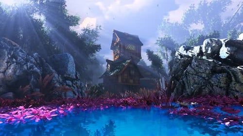 Enchanted Forest House with Magical Glowing Lake Animation