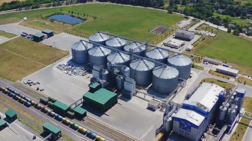 Aerial View of Agricultural Silos and Processing Plant