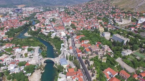Aerial view of Mostar city on river Neretva in Bosnia