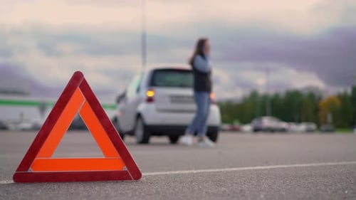 Woman on Phone Near Car with Hazard Triangle