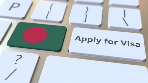 Pressing Apply for Visa Button with Bangladesh Flag on Keyboard