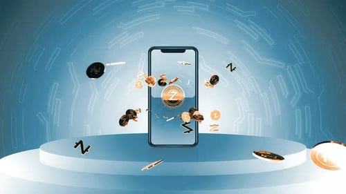 Futuristic Mobile App Logo Reveal with Falling Golden Coins