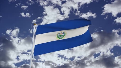 El Salvador Flag Waving in Blue Cloudy Sky