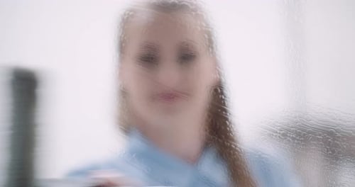 Woman Cleaning Glass with Spray and Squeegee