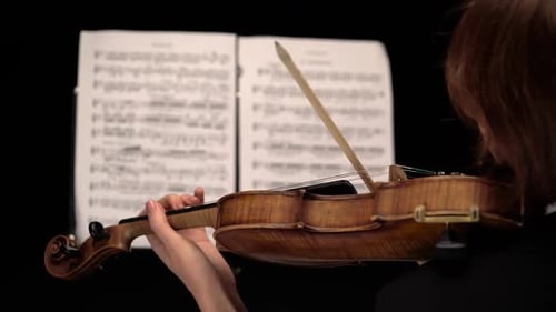 Violin Close Up of Bows Carry on the String Behind the Sheets with Notes, Back view