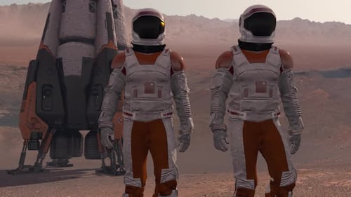 Two Astronauts Explore Red Planet Next to a Spaceship