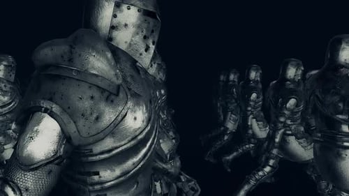 Animated Medieval Knights Marching in Heavy Armor on Dark Background