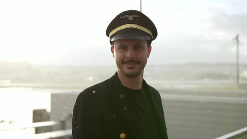Pilot in Uniform Posing Near Airport