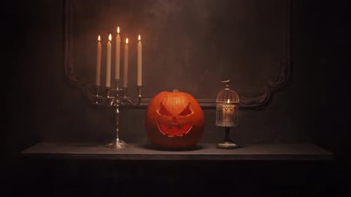 Spooky Jack-o-Lantern with Candles on Shelf