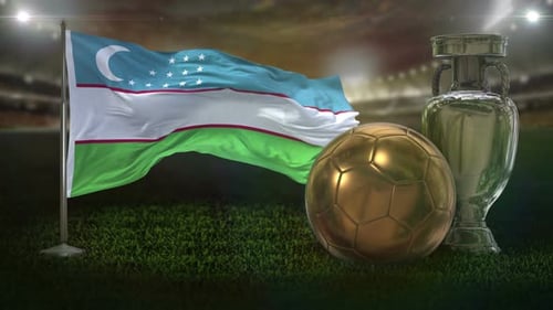 Uzbekistan Flag, Golden Soccer Ball, Silver Trophy on Stadium Grass