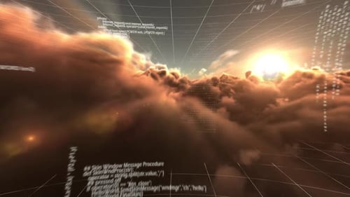 Futuristic Data Stream Flying Above Clouds Sunset Animation