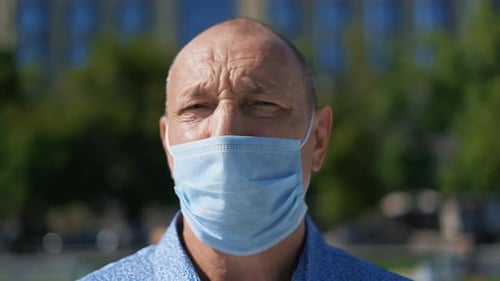 Sad Man Look Camera Close-up, Person Mask, Covid-19. Coronavirus People Portrait