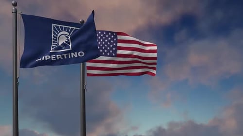 Cupertino City and USA Flags Waving Seamlessly