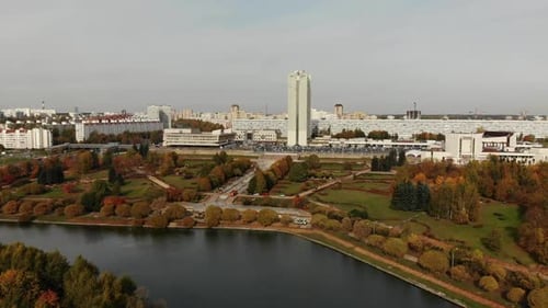 Pond in Victory Park in Autumn in Zelenograd of Moscow, Russia