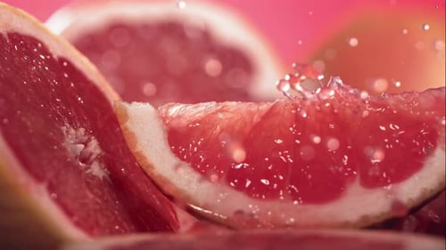 Refreshing Water Pours onto Cut Grapefruit