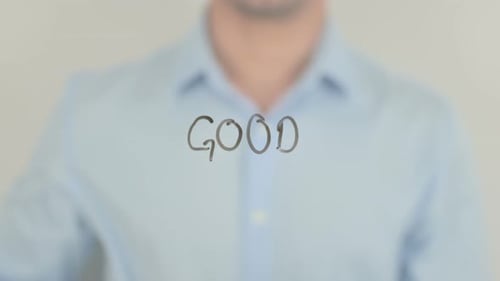 Hand Writes GOOD with Marker on Clear Surface