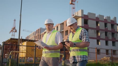 Dois engenheiros discutindo projeto em um canteiro de obras, um trabalhador usando um capacete durante o pôr do sol