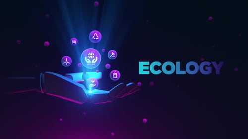 Futuristic Robotic Hand Revealing Ecology Icons Hologram Display