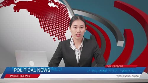 Live News Studio With Asian Professional Female Anchor And Her Computer Reporting On The Events Day