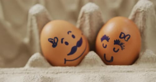 Video of close up of two brown eggs with drawn faces in egg carton background