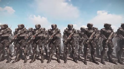 Futuristic Robot Army Standing with Weapons in 3D Animation