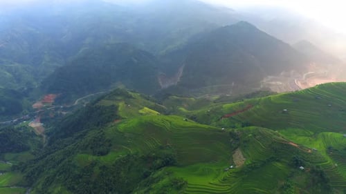 Aerial top view of paddy rice terraces, green agricultural fields