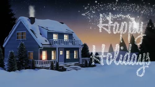 Illustration of house and snow covered trees on a snowy landscape