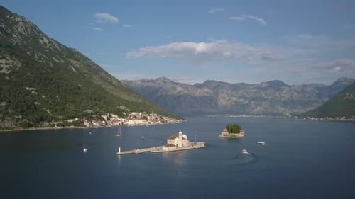 Aerial view of Church in Perast , St.George Island on shore of Boka Kotor bay in Montenegro