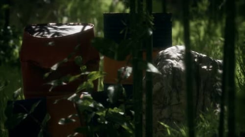 Rusty Barrels in Green Forest