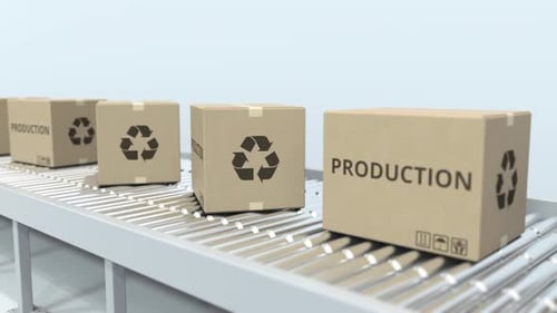 Cardboard Production Boxes Moving on Conveyor Belt with Recycling Symbol