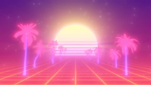 Pink Synthwave Palm Tree Path and Retro 80s Sun on Neon Grid - 4K