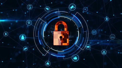 Digital Security Padlock in Futuristic Network Animation