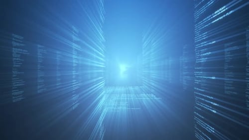 Futuristic Digital Code Stream with Bright Light Rays Background