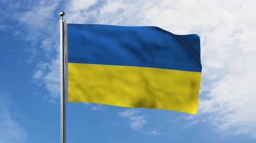 Realistic Waving Flag of Ukraine Against Blue Sky