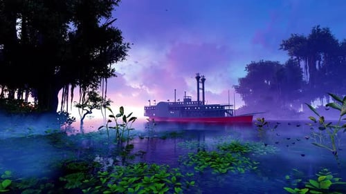 An old ship sails on the river