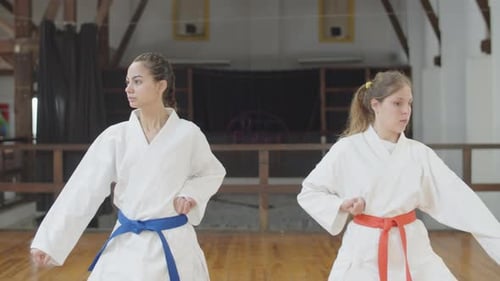 Young Adults Practicing Karate in Indoor Gym