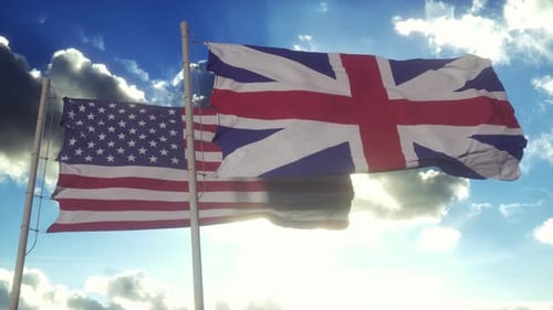 United Kingdom and USA Flag on Flagpole
