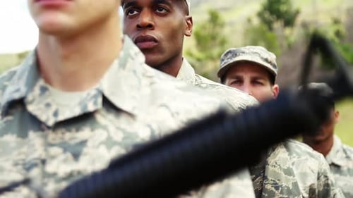 Military Soldiers in Uniform Standing at Attention