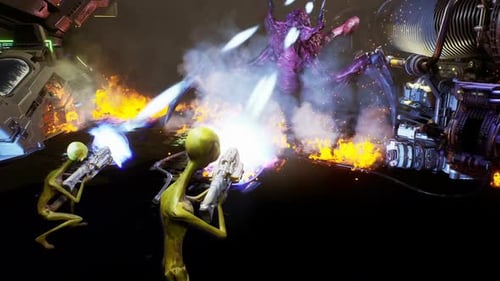 Aliens Engage Giant Monster in Intense Sci-Fi Space Battle