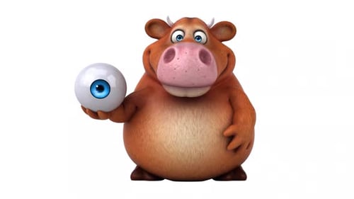 Funny Cartoon Cow Character Holding Eyeball and Pointing Up