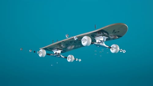 Skateboard assembly process. Elements of the board combining in order. Render 4k