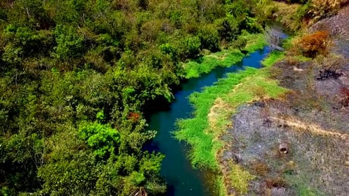 Cinematic high aerial shot over a small colorful river near a farm