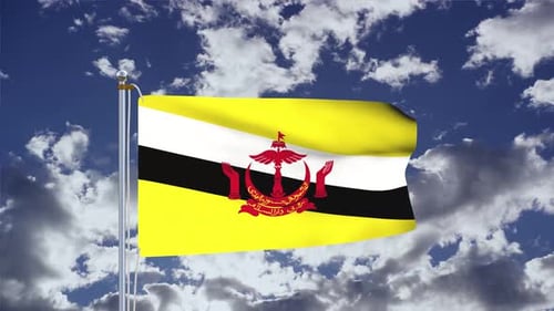 Brunei Darussalam National Flag Waving Against Cloudy Sky