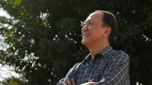 Close Up Of Happy Asian Old Man With Nature Background