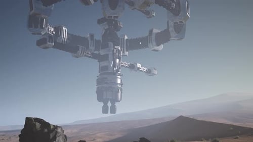 Alien Spaceship Rotate Over Desert. Ufo
